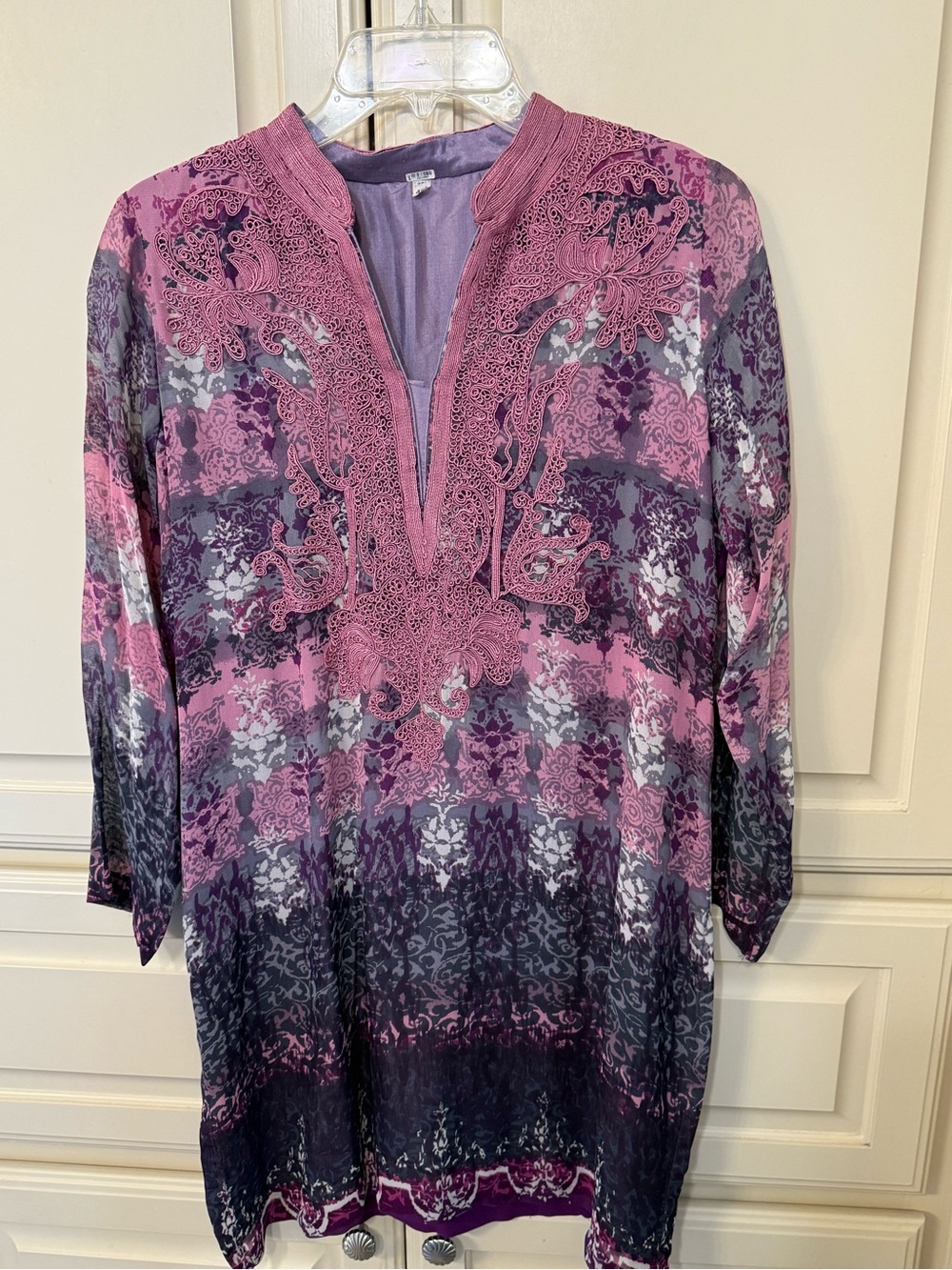Women's Pink & Purple Embroidered 3/4 sleeves high neck Tunic Top - Size L
